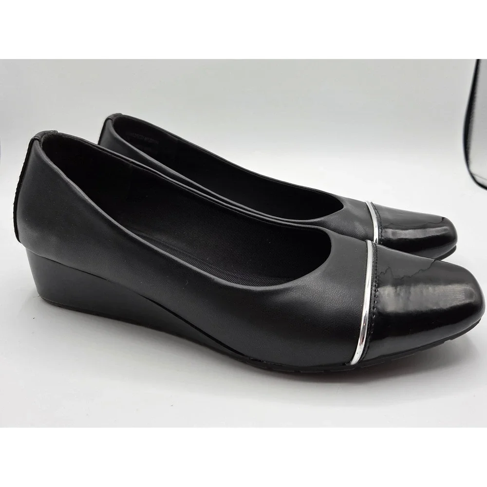 Anne Klein Mildred Black Wedge Pumps Patent Cap Toe Silver Trim Shoes‎ Size 8.5M